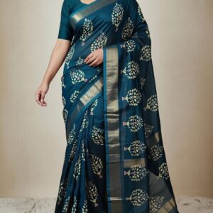 Teal Blue Saree with Traditional Peacock Motif and Gold Border