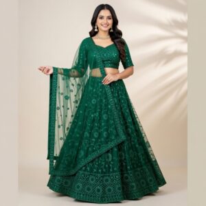 Green Embroidered Designer Lehanga Set For Women