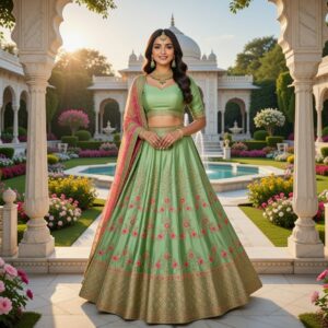 Elegant Green Lehanga Set with Floral Embroidery