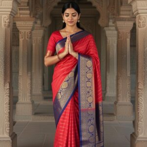 Traditional Saree with Blouse - Elegant Red and Navy Gold Border