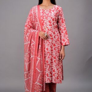 Red Floral Print Cotton Dress Set