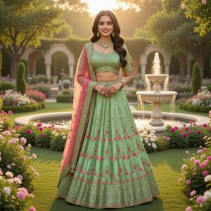 Elegant Green Lehanga Set with Floral Embroidery