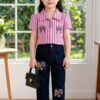 Girls' Striped Short Sleeve Dress Shirt and Embroidered Jeans Set