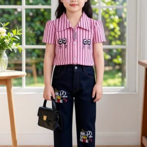 Girls' Striped Short Sleeve Dress Shirt and Embroidered Jeans Set
