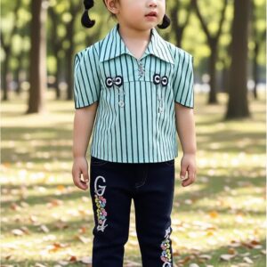 Girls' Striped Short Sleeve Dress Shirt and Embroidered Jeans Set