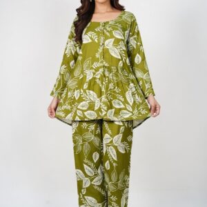 Green Printed Cotton Dress Set for Women