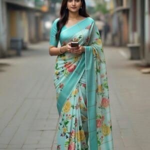 Saree with Blouse - Light Blue Floral Print