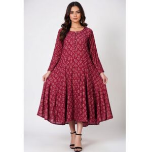 Maroon Printed Dress Top with Flared Silhouette