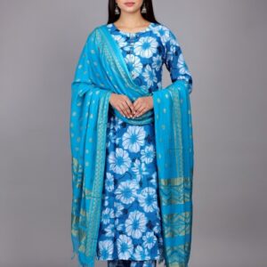 Elegant Blue Floral Dress Set With Dupatta