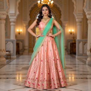 Peach and Green Embroidered Lehanga Set