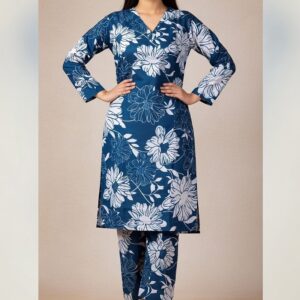Blue Floral Printed Cotton Dress Set for Women