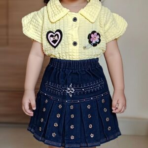 Girls' Short Sleeve Dress with Embroidered Denim Skirt