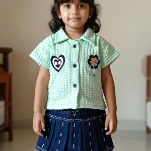 Girl's Stylish Two-Piece Dress Set with Skirt and Button-Up Top