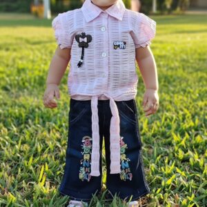 Girl's Dress Set with Short-Sleeved Top and Embroidered Jeans