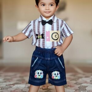 Kids Striped Dress Set with "Cool Kids" Denim Shorts