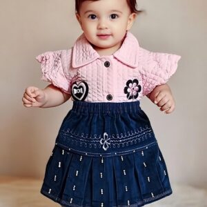 Girls' Short Sleeve Dress with Embroidered Denim Skirt